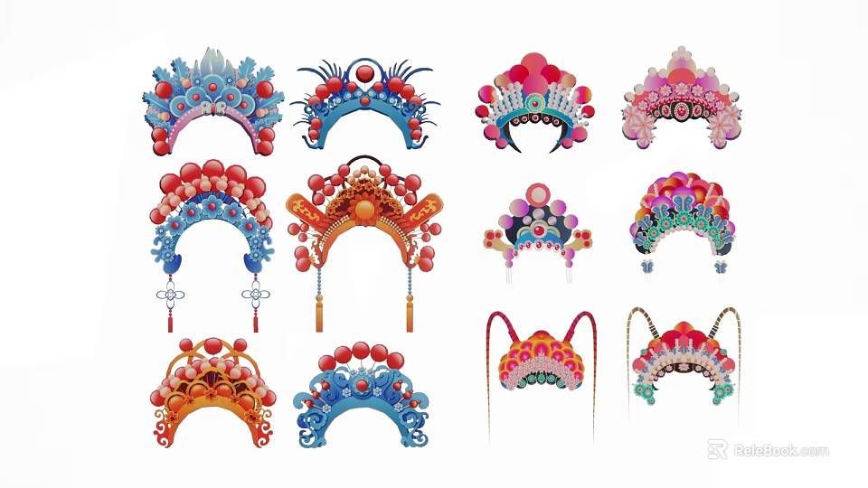 Colorful Traditional Peking Opera Headdresses As Ornate Wall Decor With Vibrant Beaded Tassel Details 3d model 