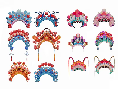 Colorful Traditional Peking Opera Headdresses As Ornate Wall Decor With Vibrant Beaded Tassel Details 3d model