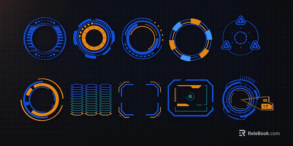 Futuristic Tech Interface Elements With Circular Square Blue Orange Grid Design 3d model 
