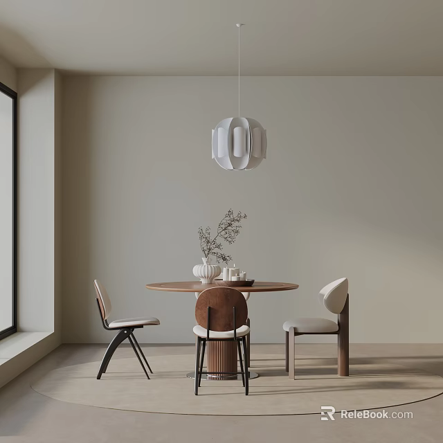 Modern Dining Table Set With Round Table Three Chairs Pendant Light And Vase 3d model