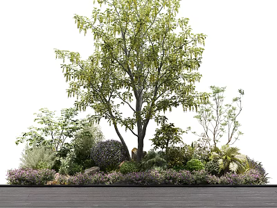 Tall Arbor Tree Surrounded by Lush Shrubs Colorful Flowers and Greenery on Natural Wooden Ground 3d model