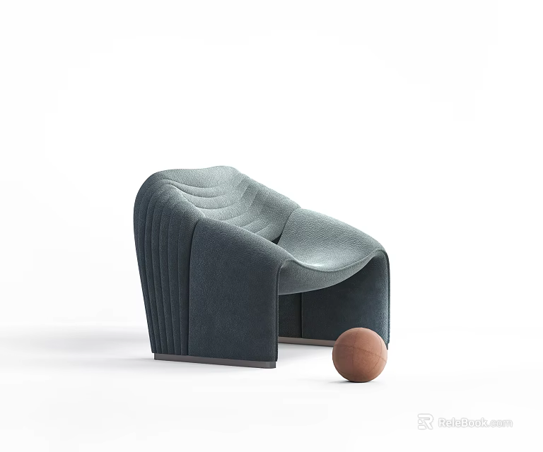Modern Gray Fabric Lounge Chair With Curved Design And Wooden Decorative Ball 3d model 