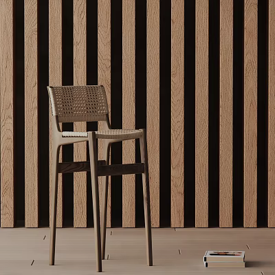 Modern Bar Stool With Wicker Backrest And Wooden Frame Against Striped Wood Panel Wall 3d model