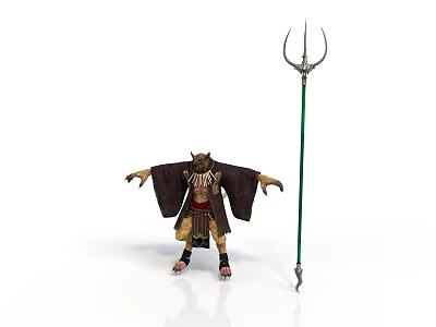 Man Dressed In Traditional Mythical Costume With Outstretched Arms Next To Tall Green Trident 3d model