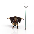 Man Dressed In Traditional Mythical Costume With Outstretched Arms Next To Tall Green Trident