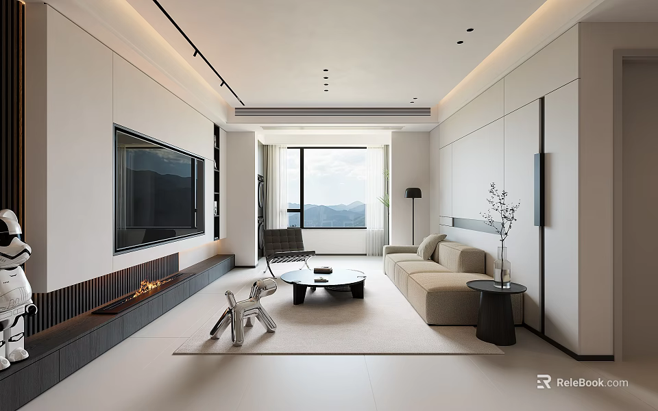 Modern Living Room Interior With Large TV Fireplace Beige Sofa And Mountain View 3d model 