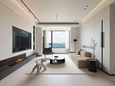 Modern Living Room Interior With Large TV Fireplace Beige Sofa And Mountain View 3d model