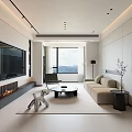 Modern Living Room Interior With Large TV Fireplace Beige Sofa And Mountain View