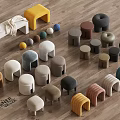 Designer Modern Stool Collection With Various Colors And Different Shapes 3d model
