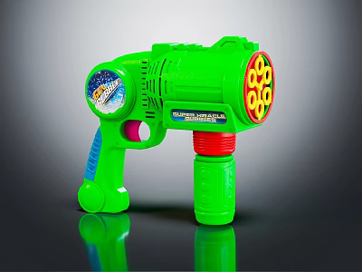 Green Toy Bubble Gun With Multiple Colorful Rings And Blue Handle 3d model