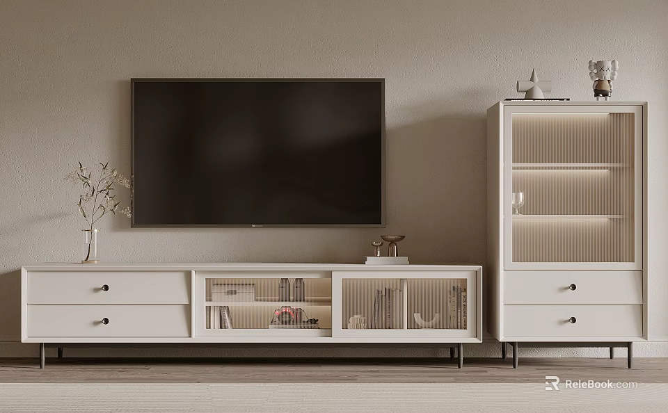 Modern White TV Stand With Glass Doors Drawers And Decorative Items In Minimalist Interior 3d model 