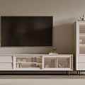 Modern White TV Stand With Glass Doors Drawers And Decorative Items In Minimalist Interior