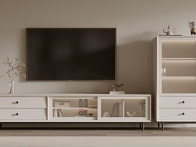 Modern White TV Stand With Glass Doors Drawers And Decorative Items In Minimalist Interior 3d model
