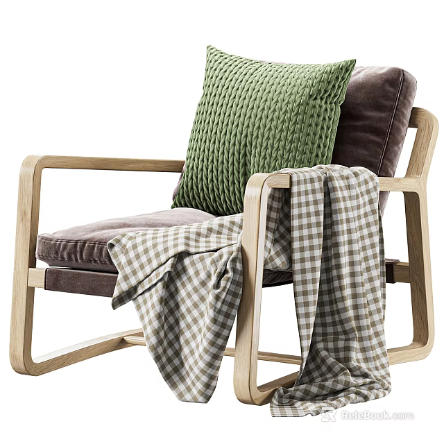 Modern Single Sofa With Wooden Frame Brown Velvet Upholstery Green Cushion And Plaid Blanket 3d model 