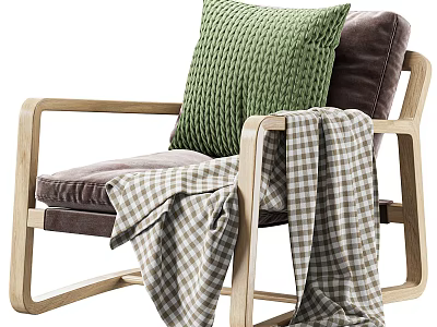 Modern Single Sofa With Wooden Frame Brown Velvet Upholstery Green Cushion And Plaid Blanket 3d model