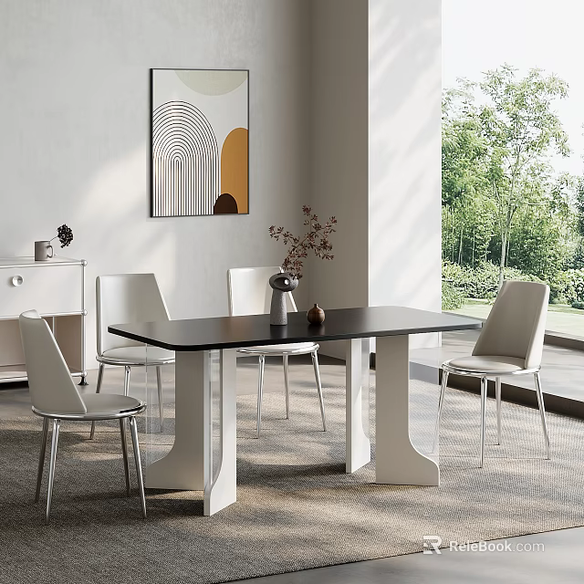 Modern Dining Table Set with Black Tabletop White Chairs Vase and Window View of Green Plants 3d model 