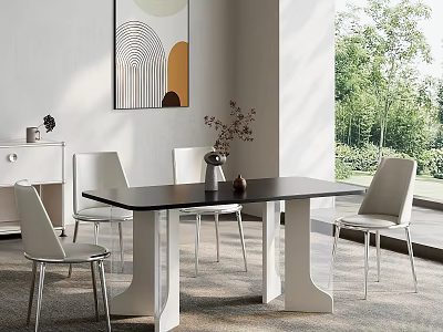 Modern Dining Table Set with Black Tabletop White Chairs Vase and Window View of Green Plants 3d model