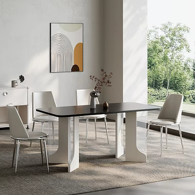 Modern Dining Table Set with Black Tabletop White Chairs Vase and Window View of Green Plants 3d model