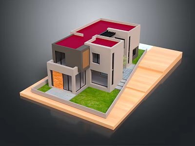 Modern Detached Villa With Red Roof Gray Walls Orange Door Green Lawn And Wooden Platform 3d model