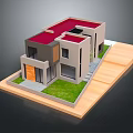 Modern Detached Villa With Red Roof Gray Walls Orange Door Green Lawn And Wooden Platform
