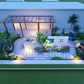Tea Stream Garden Landscape with Pavilion Deer Sculptures Round Lights and Greenery