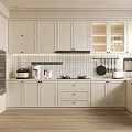 Modern Kitchen Interior With White Cabinets Glass Door Cabinets Tile Backsplash Wooden Flooring And Appliances