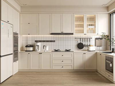 Modern Kitchen Interior With White Cabinets Glass Door Cabinets Tile Backsplash Wooden Flooring And Appliances 3d model