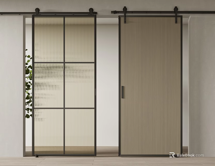 Minimalist Modern Barn Door Design With Glass Panel Beige Wooden Texture And Black Metal Track 3d model 