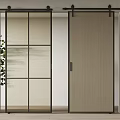 Minimalist Modern Barn Door Design With Glass Panel Beige Wooden Texture And Black Metal Track