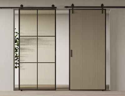 Minimalist Modern Barn Door Design With Glass Panel Beige Wooden Texture And Black Metal Track 3d model