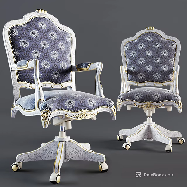Elegant Office Chair With Floral Pattern Fabric And Gold Accents On Swivel Base 3d model 