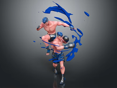 Game Movie Characters Muscular Male Fighters Blue Helmets Dynamic Action Poses With Blue Liquid Splashes 3d model