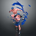 Game Movie Characters Muscular Male Fighters Blue Helmets Dynamic Action Poses With Blue Liquid Splashes
