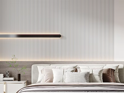 Modern Minimalist Bedroom With Striped Wall Long Pendant Light Nightstand Vase Books And Decorative Pillows 3d model