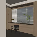 Cozy Modern Bay Window Cabinet With Wooden Desk Chair Lamp And Green Plant