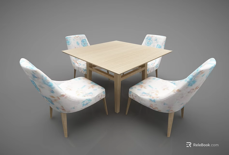 Square Light Wooden Dining Table Set With Four Patterned Blue Pink Cushion Chairs 3d model