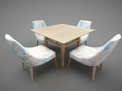 Square Light Wooden Dining Table Set With Four Patterned Blue Pink Cushion Chairs 3d model