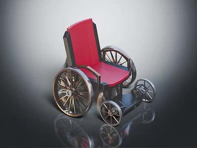 Modern Wheelchair With Red Seat Black Frame Gold Wheels And Reflective Design 3d model