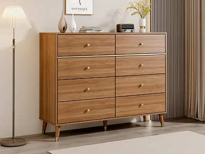 Wooden Dresser in Cozy Room with Golden Handles Decorative Items Floor Lamp and Wall Art 3d model