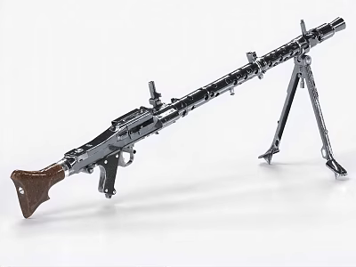 Military Machine Gun with Wooden Stock Metal Barrel and Tripod Stand on White Background 3d model
