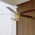 Ceiling Fan Light with Wooden Blades and Light Shade in Wooden Wall Interior with Blinds