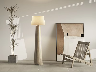 Wooden Floor Lamp In Modern Interior With Chair Art And Plant 3d model