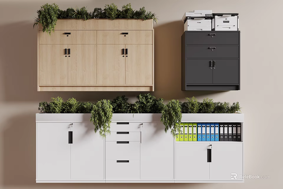 Wooden Black White Storage Cabinet With Drawers Green Plants On Top And Colorful Folders Inside 3d model 