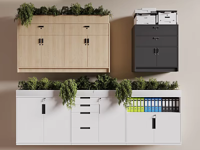 Wooden Black White Storage Cabinet With Drawers Green Plants On Top And Colorful Folders Inside 3d model