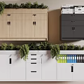 Wooden Black White Storage Cabinet With Drawers Green Plants On Top And Colorful Folders Inside