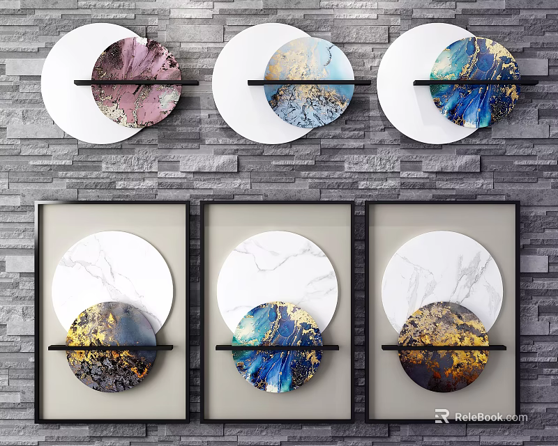 Modern Round Wall Decor With Marble Texture And Black Sticks On Brick Wall 3d model 