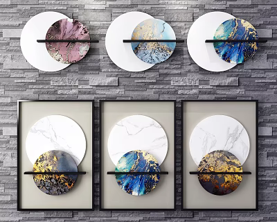Modern Round Wall Decor With Marble Texture And Black Sticks On Brick Wall 3d model