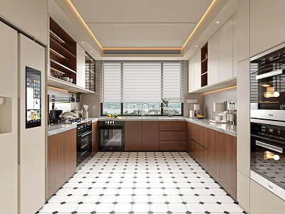 Modern Kitchen Interior Design With Cabinets Appliances And Checkered Floor 3d model
