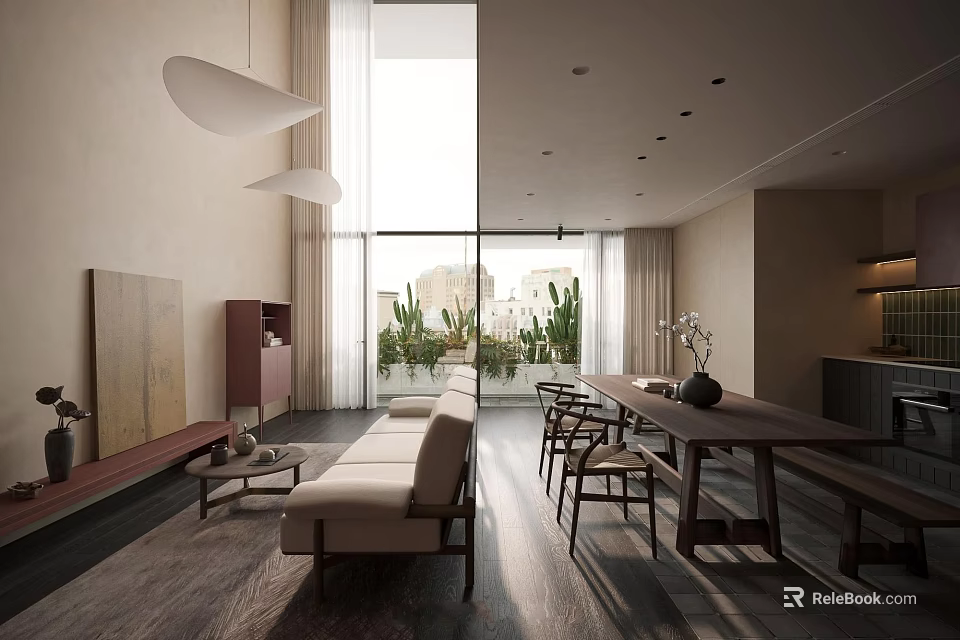 Modern Cozy Minimalist Living And Dining Room With Warm Wooden Furniture And Ample Natural Light 3d model 