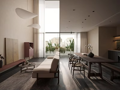 Modern Cozy Minimalist Living And Dining Room With Warm Wooden Furniture And Ample Natural Light 3d model